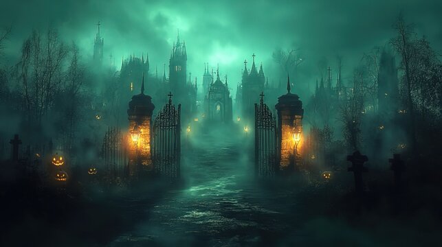 Spooky Haunted Castle Entrance in Mist with Jack - O - Lanterns and Crosses 