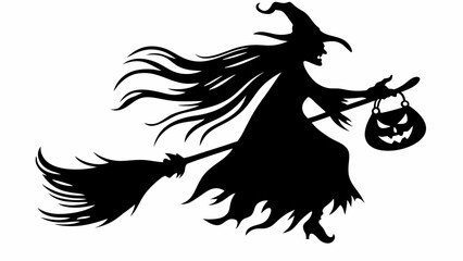 Silhouette of a witch flying on a broomstick holding a pumpkin shaped bag in a halloween themed image | editable eps vectors