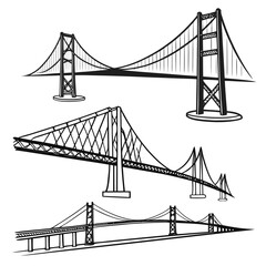 Fototapeta premium Three different styles of suspension bridges in black and white line art illustration showing structures on transparent background
