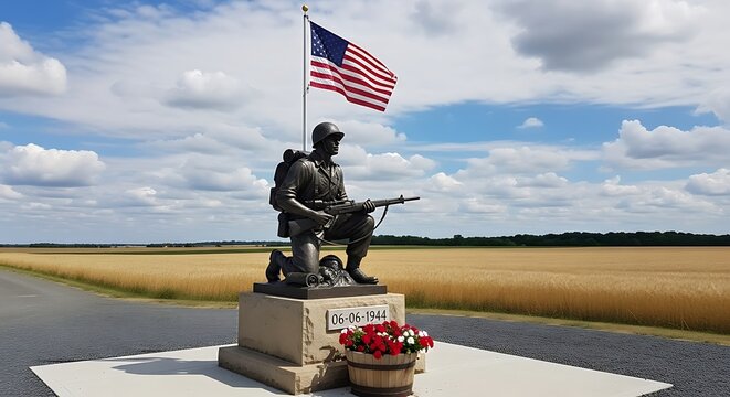 American soldier statue with flag and field landscape