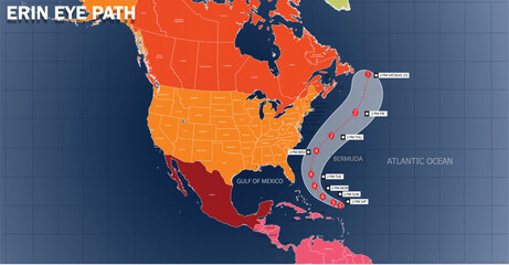 Hurricane Erin Eye Path Map Illustration, Atlantic Ocean Storm Tracking, Weather Forecast Route, Natural Disaster Satellite Data Visualization © Sajid
