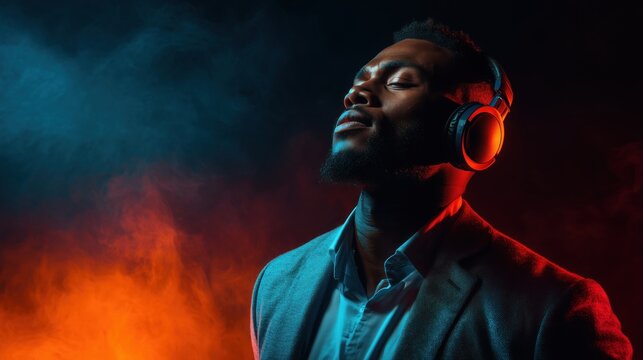 Confident man standing in a spotlight with branded headphones on, closed eyes, immersed in music, dark background with glow effects, audio product branding 