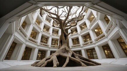 the scene presents a massive sculpture of a tree, filling the courtyard of a multi story building
