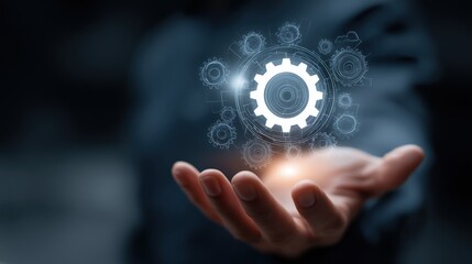 Corporate hand presents a glowing circular DevOps icon in mid-air, with gears, cloud computing lines, and automation symbols surrounding it