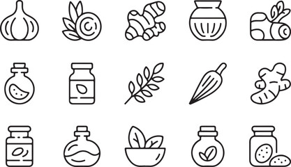 A set of herbal and medicinal ingredient icons, including garlic, ginger, and essential oils, perfect for health, wellness, and organic product illustrations.