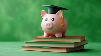 Piggy bank with modern new graduation cap on pile of books on clean bright green background, space for text