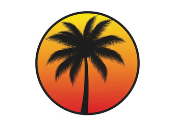 Silhouette of a palm tree against a vibrant orange and yellow gradient circle, symbolizing tropical destinations and summer vacations isolated on transparent background