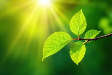 Sunlit green leaves on a branch, vibrant foliage , sunlight, image