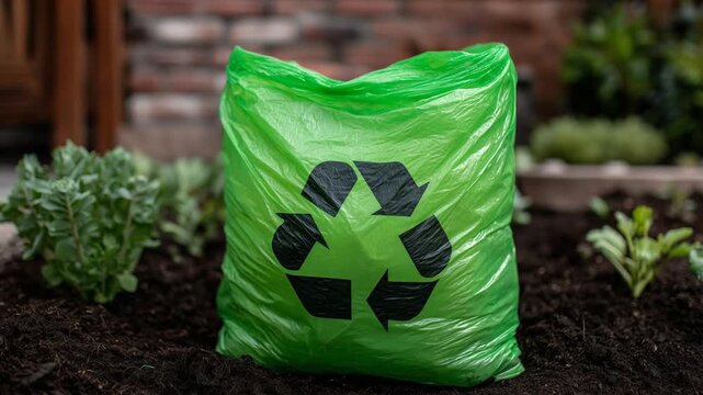 Eco-friendly compostable plastic bag with a bold recycle symbol on garden soil, highlighting sustainable outdoor composting.