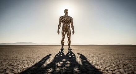 Male figure sculpture standing on dry cracked desert ground with harsh sunlight behind. Burning man art festival.