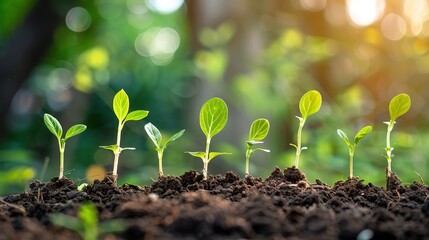 Nature’s Renewal: Captivating Scene of Seedling Growth in Ecological Environment – Delicate Green Shoots Emerging from Rich Soil, Tiny Leaves Unfurling Toward Sunlight, Roots Nestling in Moist Earth