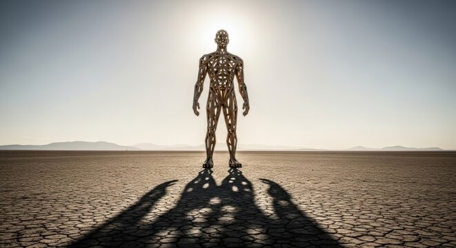 Male figure sculpture standing on dry cracked desert ground with harsh sunlight behind. Burning man art festival.