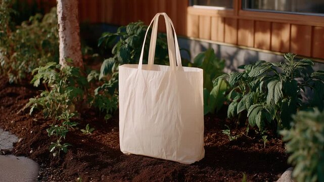 Eco-friendly compostable bag made from biodegradable material enhances garden sustainability with young plants thriving nearby.