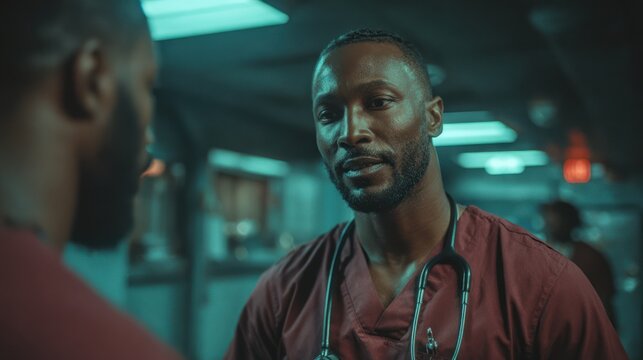 Two men in scrubs converse in a dimly lit hospital hallway