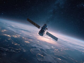 Sleek High-Tech Artificial Satellite Orbiting Earth Amid Twinkling Stars