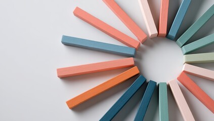A minimalist circle made of pastel-colored wooden blocks, representing the colorful spectrum on a white background, symbolizing creativity and diversity in design
