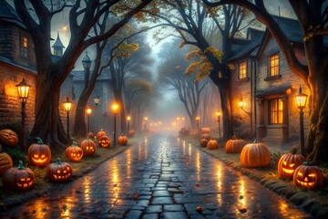 Spooky Halloween Night Jack O Lanterns Illuminate a Cobblestone Street
