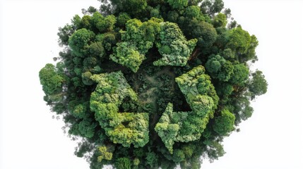An aerial top-down view of a lush green forest shaped like a recycling symbol, vivid canopy, white background, poster layout with negative space