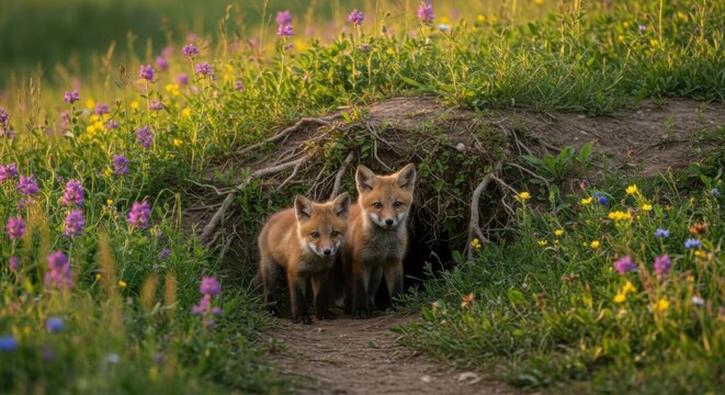Baby foxes playing at their den entrance during springtime