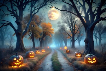 Spooky Halloween Night Jack O Lanterns Light a Forest Path