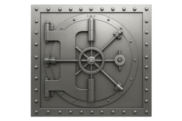 Closed metal bank vault door with combination lock wheel on transparent background