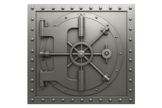 Closed metal bank vault door with combination lock wheel on transparent background