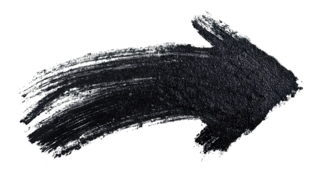 Bold black brushstroke arrow pointing forward with textured detail on white background