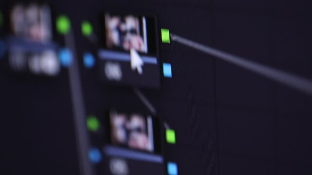 A close-up shot shows a computer screen with a video editing software interface. A cursor highlights various output options and settings, showcasing the technical aspects of digital media production.