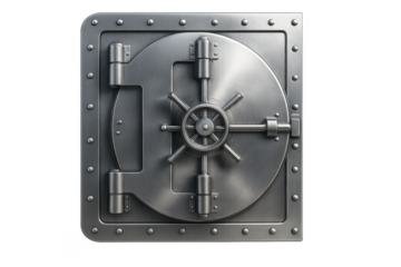 Closed metal bank vault door with combination lock on transparent background