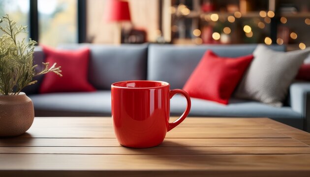 a bright red mug on a wooden table in a cozy living room