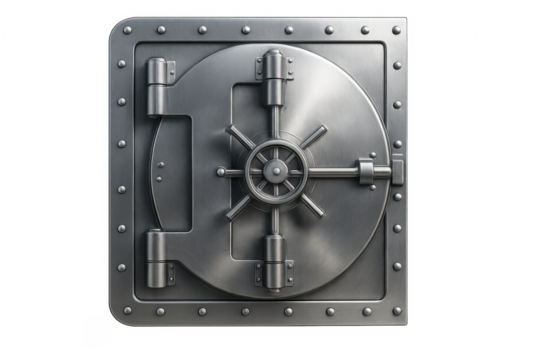 Closed metal bank vault door with combination lock on transparent background