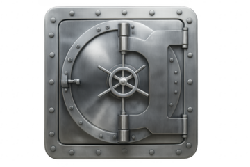Closed metal bank vault door with combination lock on transparent background