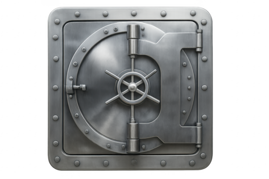 Closed metal bank vault door with combination lock on transparent background