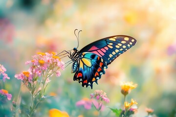 Fototapeta premium Vibrant butterfly on delicate pink flowers in soft sunlight