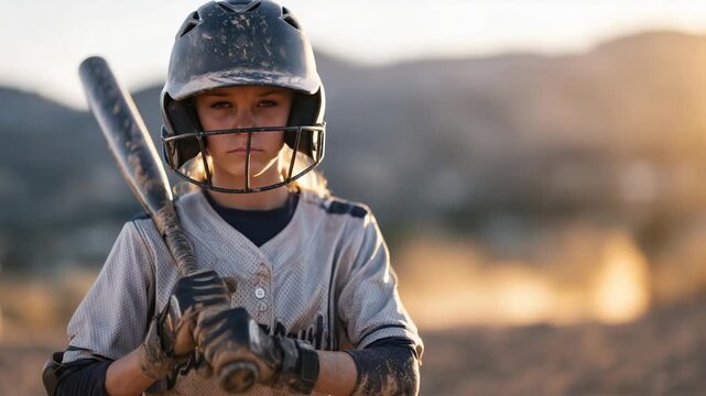 A young softball player stands poised on a sunlit field, bat on shoulder, embodying focus and determination in youth sports.