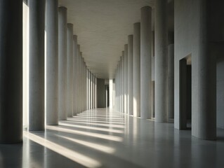 Sleek Minimalist Hall: Cement Pillars and Soft Natural Light Shadows