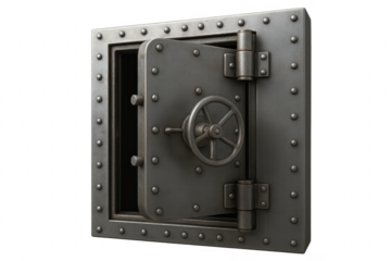 Open metal safe with combination lock wheel and transparent background