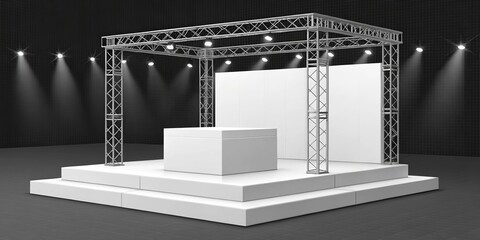 3D Render White Exhibition Stand with Truss, Spotlight and Cube, trade show, expo booth trade show booth, expo design