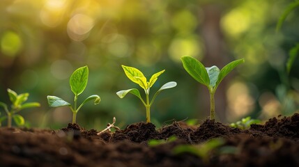 Fototapeta premium Nature’s Renewal: Captivating Scene of Seedling Growth in Ecological Environment – Delicate Green Shoots Emerging from Rich Soil, Tiny Leaves Unfurling Toward Sunlight, Roots Nestling in Moist Earth