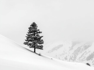 Solitary Pine Tree: Tall and Stark Against Pristine Snowy Landscape