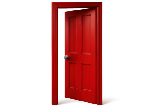 Red door slightly open on transparent background
