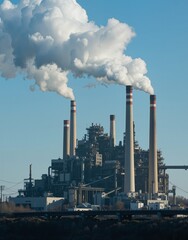 A large industrial complex with multiple chimneys emitting white smoke into a clear blue sky