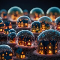 Miniature cozy houses inside crystal glass bubbles, glowing warm lights, dreamy winter fantasy scene
