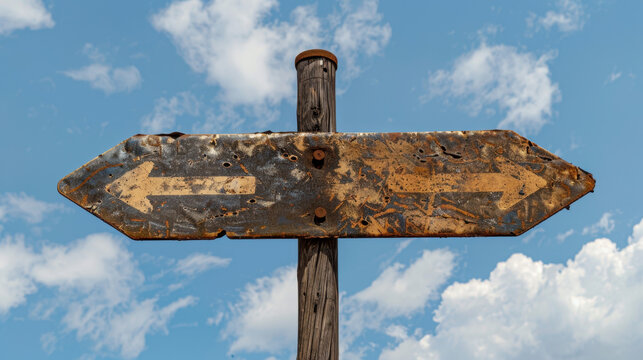 Weathered directional sign against blue sky with clouds, showcasing arrows pointing left and right. sign rustic appearance adds character, evoking sense of adventure and exploration