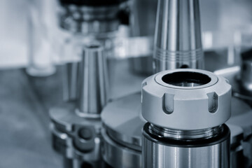 Industrial metalworking concept, milling cutter, metal cutter close up CNC cutters for metal. Drills, milling cutters, bits industry metal processing concept  background.