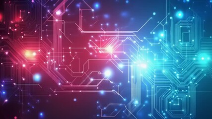 Futuristic abstract background featuring a complex digital circuit board with glowing blue and red nodes and pathways, symbolizing technology - Powered by Adobe