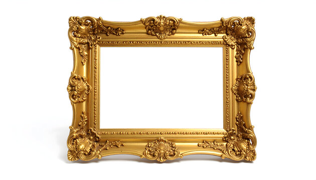 Naklejki Ornate Golden Frame Isolated On White Background With Detailed Gilded Design and Classic Aesthetic