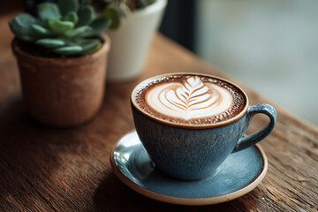 Artistic latte art in a ceramic cup on wooden table, perfect for cafe menus, lifestyle blogs, and social media