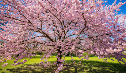 Fototapeta premium Beautiful Cherry Blossom Tree in Full Bloom with Pink Flowers under Clear Blue Sky in Spring Garden – Stunning Nature Landscape Photography