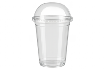 Empty transparent plastic cup with handle lid on transparent background
